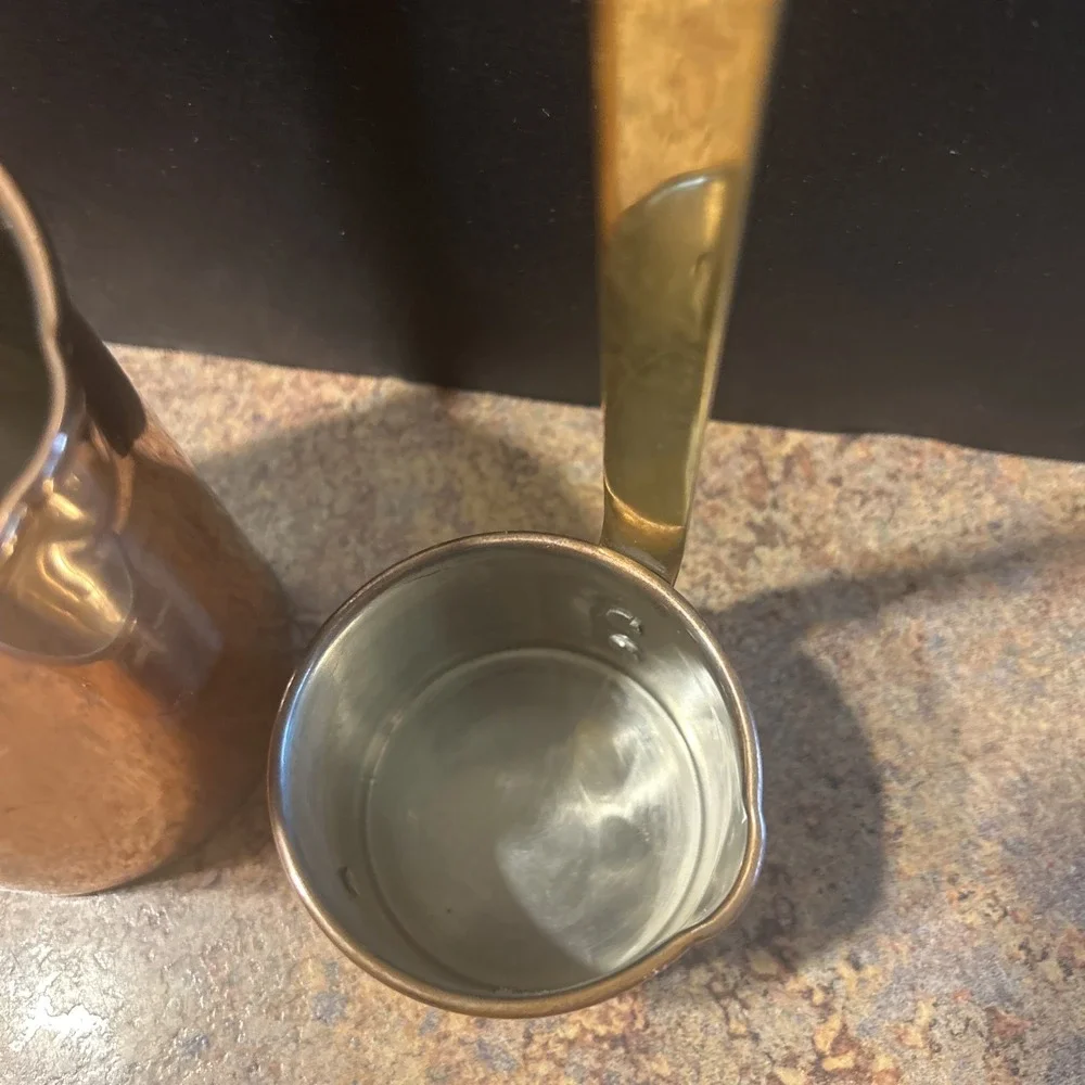 Vintage Copper Nesting Measuring Cups Hanging Ladle Brass Handles Set Of 3